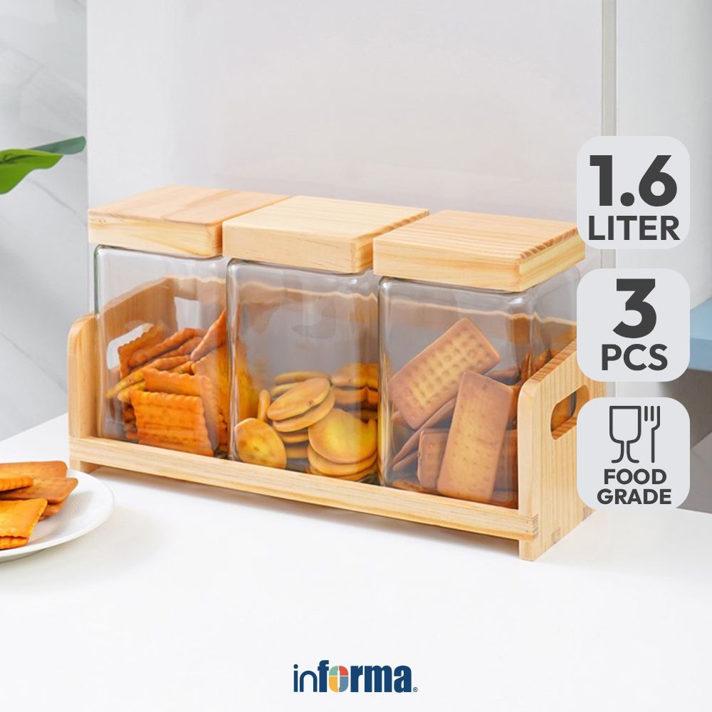 Informa Carley Set 3 pcs Stoples Kaca Dengan Rak Jar Tempat Simpan Snack Dan Permen Setoples Toples 