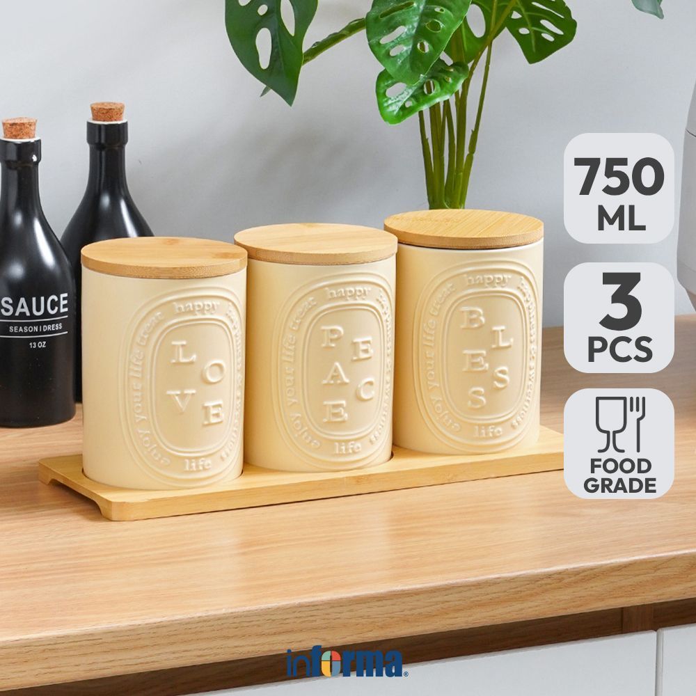 Informa Appetite 750 ml Nabi Set 3 pcs Stoples Dengan Nampan - Krem Beige Jar Tempat Simpan Snack Da