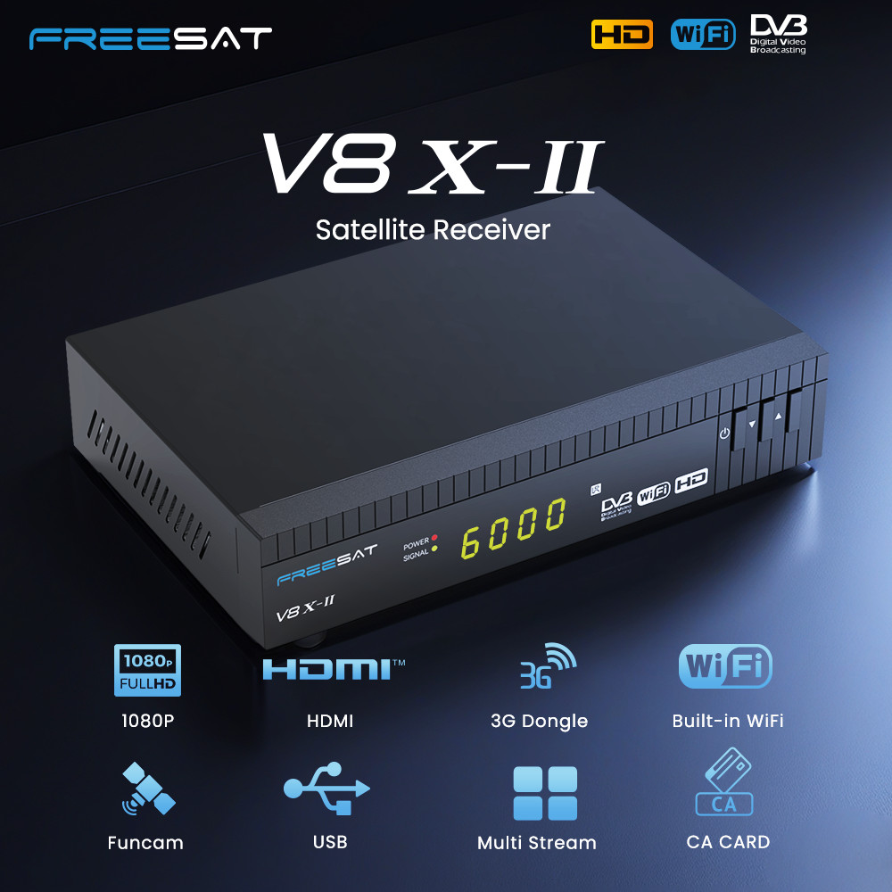 FREESAT V8 X - II Satellite Receiver, DVB - S2X/S2/S, 2Gb RAM, 7 - Day EPG, Multi - Language, Built 