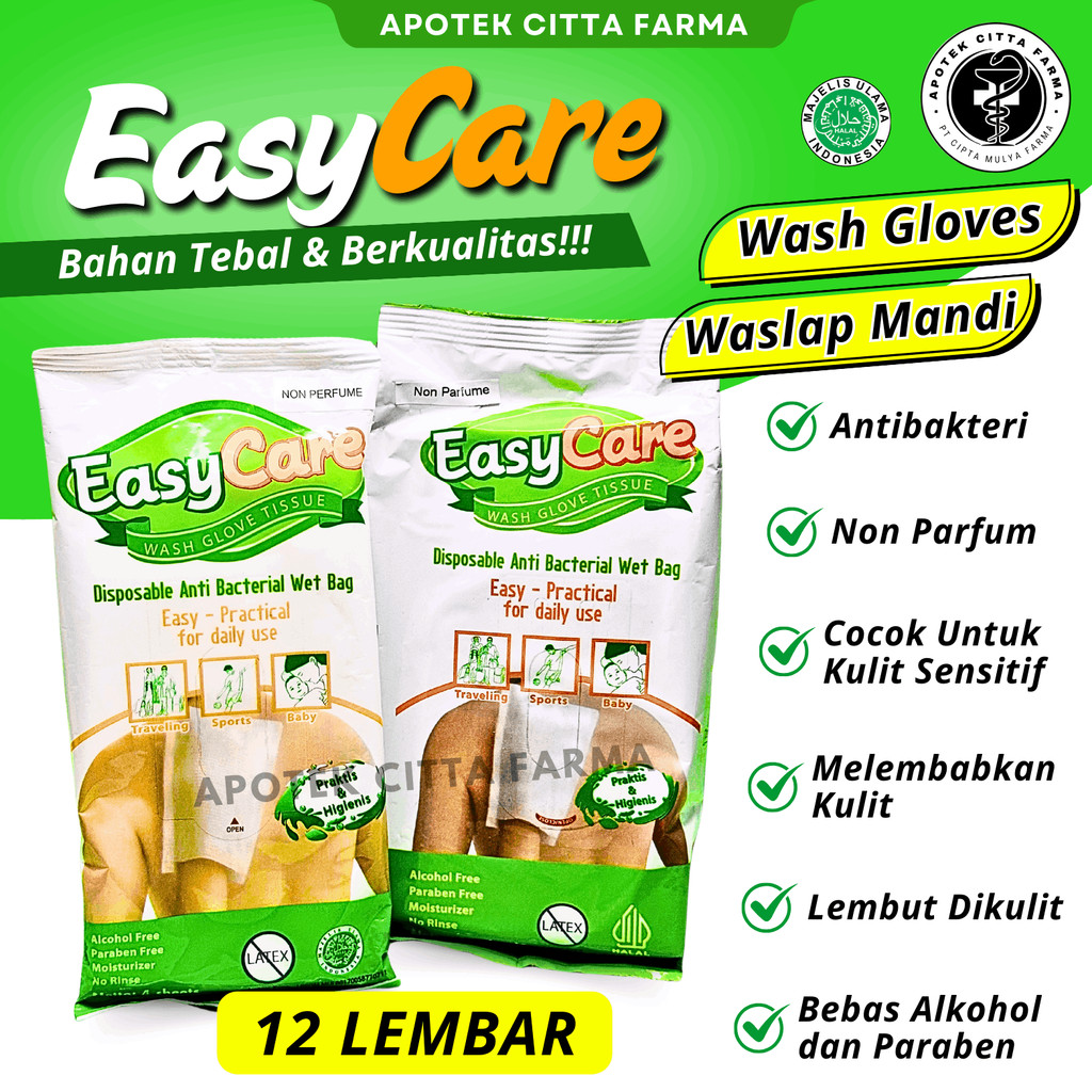 Easycare Wash Gloves 12 Lembar Non Parfume - Washlap Sekali Pakai Non Alcohol / Tissue Basah Mandi /