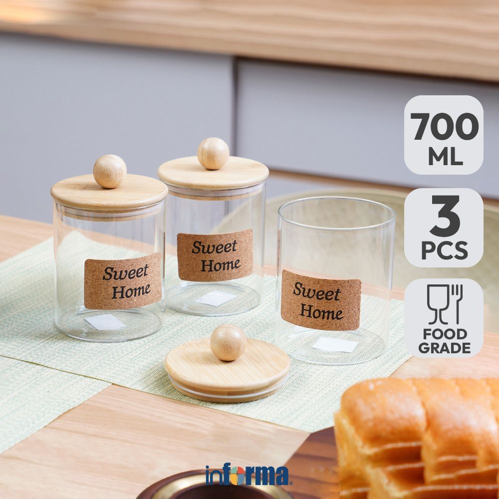 Informa 700 ml Set 3 Pcs Lanna Stoples Kaca Sweet Home Toples Jar Wadah Makanan Food Container