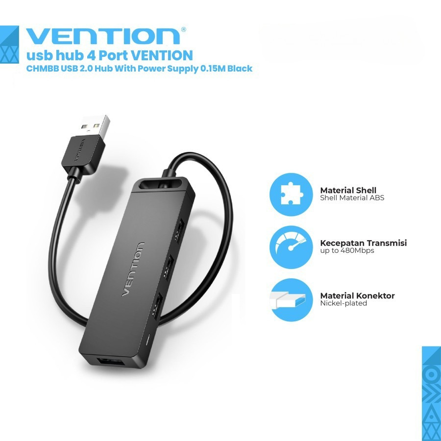 usb hub 4 Port VENTION CHMBB USB 2.0 Hub With Power Supply 0.15M Black