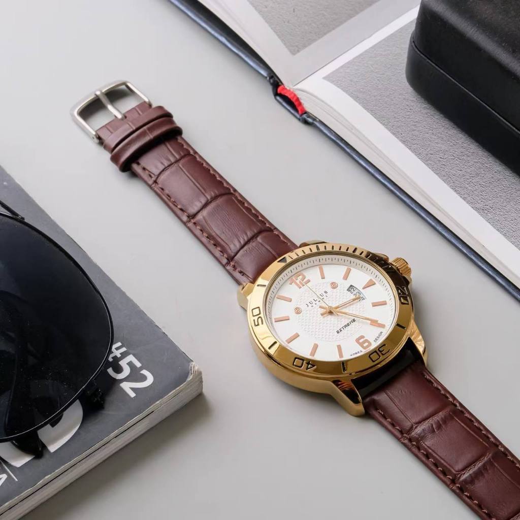 Jam Tangan Pria JULIUS JAH-009 dengan Kalender, Tali Kulit Asli, Tahan Air, Kotak Hadiah Gratis