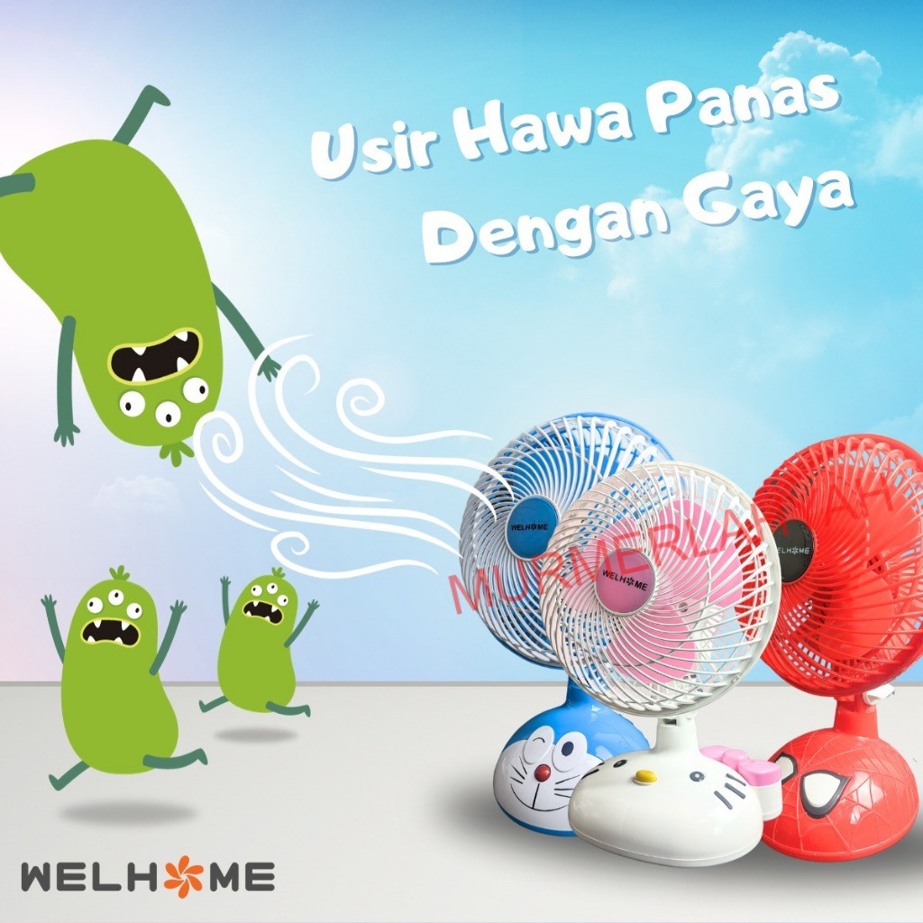 BARU Kipas 2in1 Welhome 10 inch Karakter Doraemon hellokitty spiderman / kipas lucu karakter