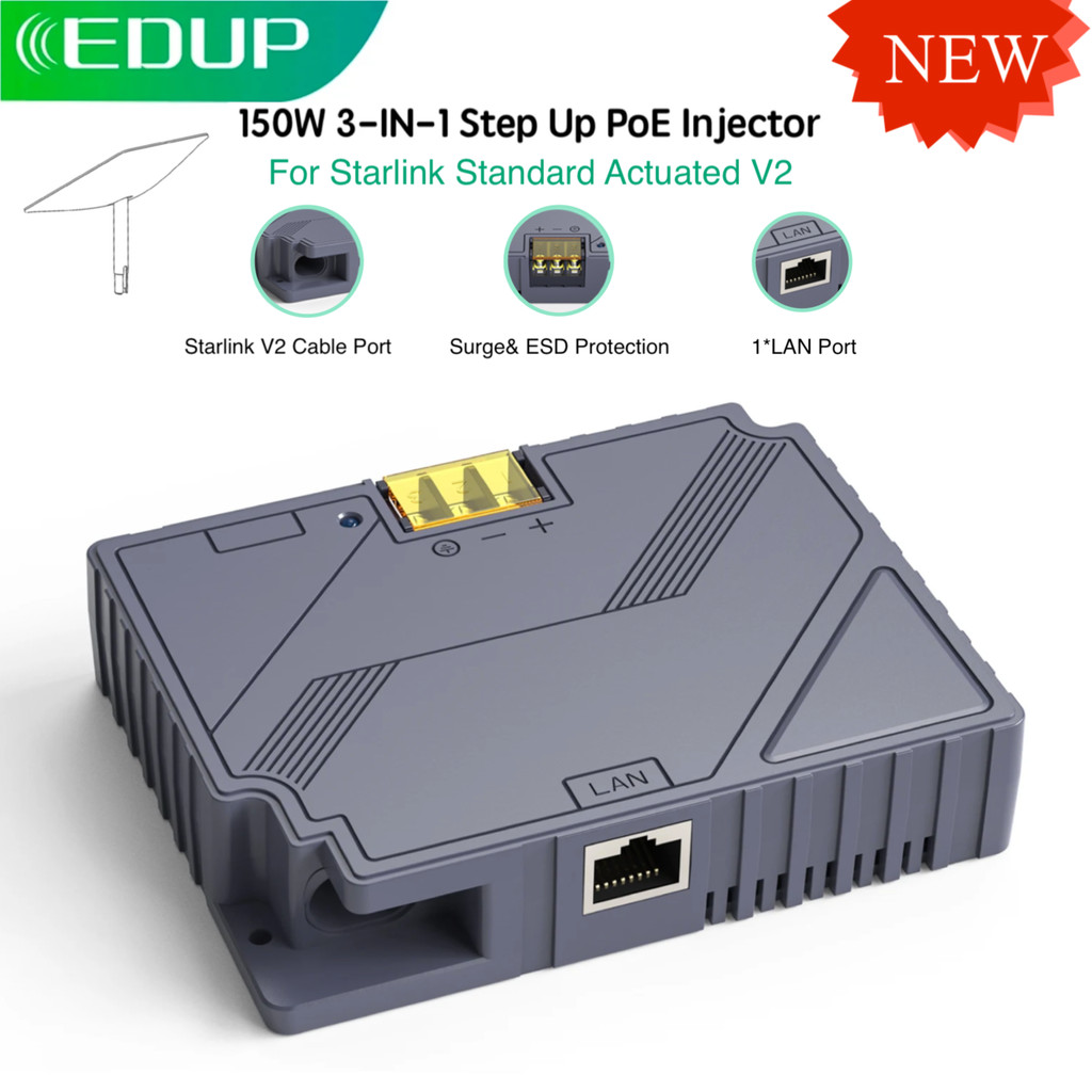 EDUP Starlink V2 150W 3 in 1 Step Up PoE Injector with comprehensive protection for Starlink Standar
