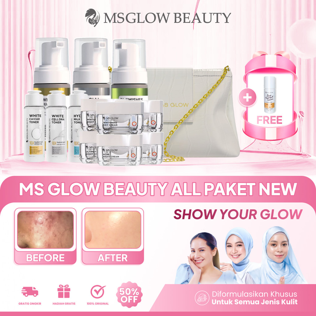 MS GLOW BEAUTY ALL PAKET DAN PRODUK ECER MEMUDARKAN FLEK HITAM PENUAAN DINI BERJERAWAT DISKON