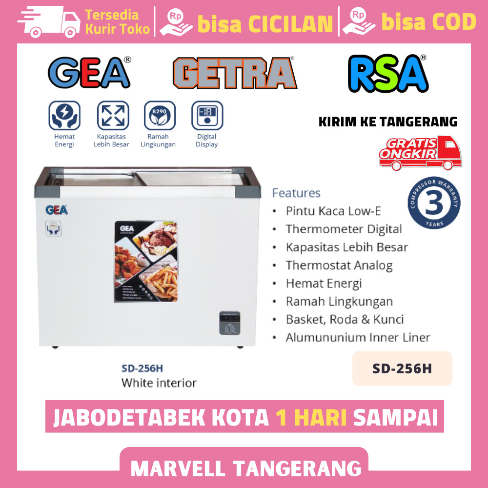 Freezer Sliding Gea Sd 256h Sd-256h Freezer Kaca Flat Sliding 300l Garansi Resmi