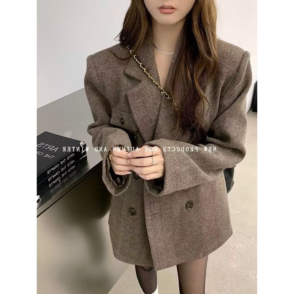 Blazer Petite Gaya Melard Hepburn Mantel Panjang Sedang Mantel Wol Vintage Atasan Wol Mewah untuk Wa