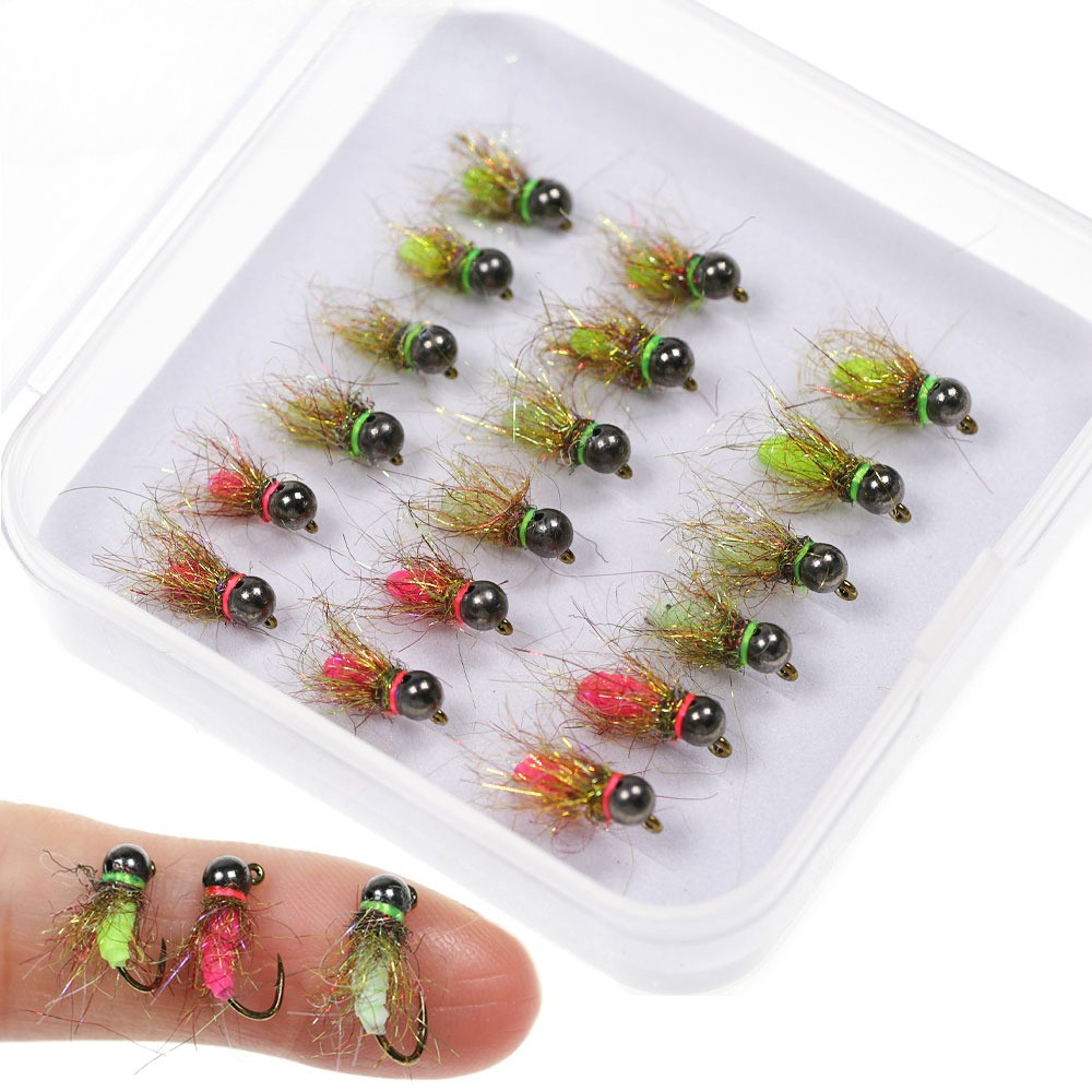 Bimoo 18pcsBox #12 #14 #16 Fast Sinking Wet Euro Nymph Fly Barbed Tungsten Beadhead Jig Nymph Fly Fo
