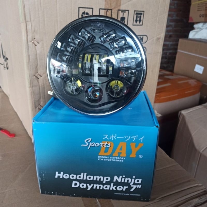 LAMPU DAYMAKER 7 INCH DUA MODE SENJA BIRU PUTIH SET BATOK NINJA CROM IMPORT LAMPU DEPAN DAYMAKER 7IN