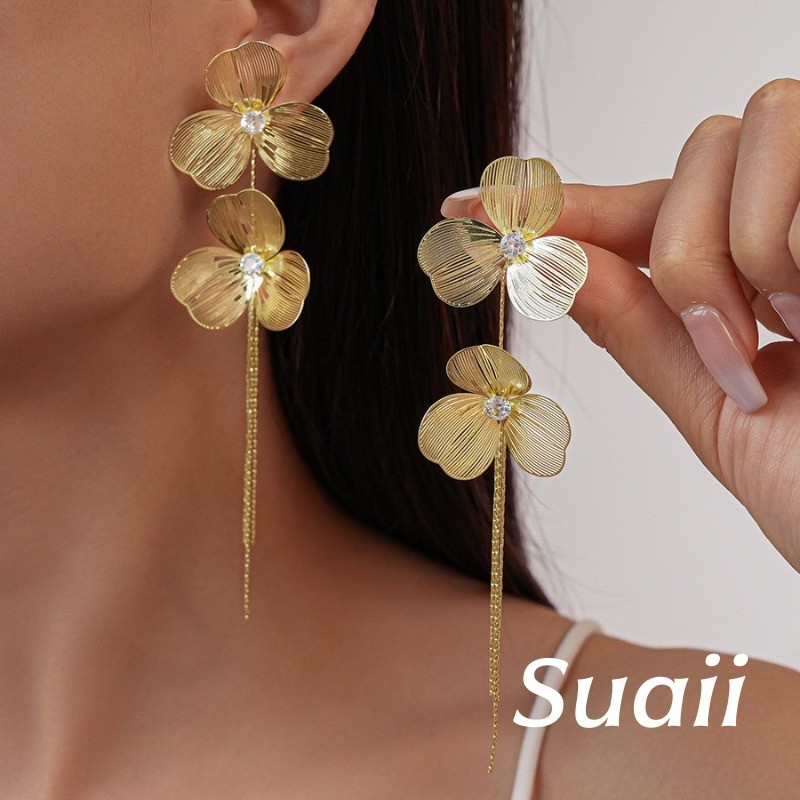 [Suaii] Anting-anting Rantai Gantung Bunga Gaya Tionghoa Trendy Cocok Untuk Wanita Acara Perayaan Pe