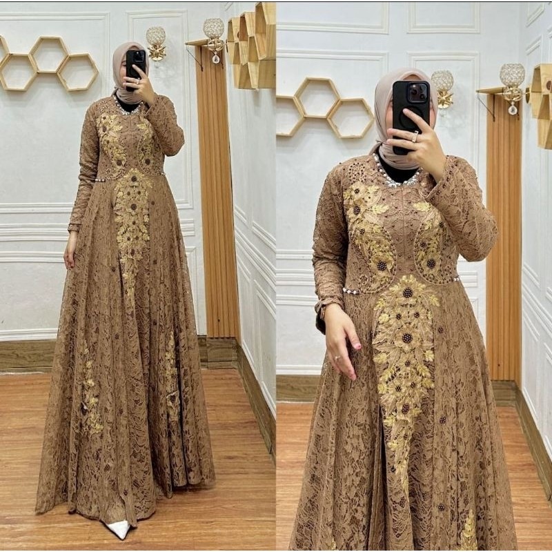 EllenaQueen—Gamis Brokat Payet Bordir Busui Pesta Kekinian//Gamis Brokat Jumbo Modern//Gamis Best se