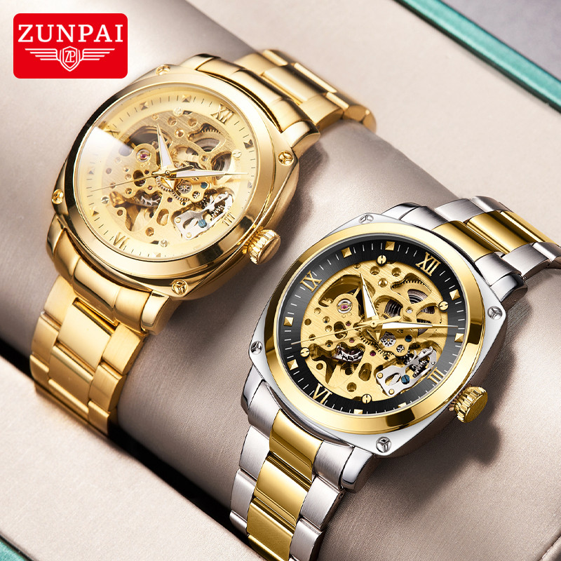 ZUNPAI Jam Tangan Pria Mekanik Otomatis Asli Anti Air Pria Hitam Emas Bisnis Fashion Bercahaya Jam P