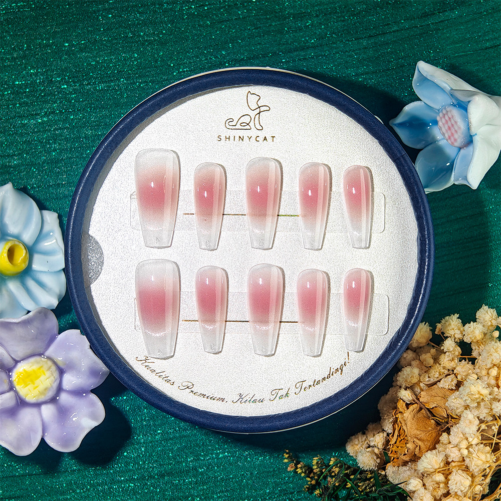 Kuku Palsu Seni Kuku Mata Kucing Gradien Merah Muda Seni Kuku Telanjang +Lem Nail Art