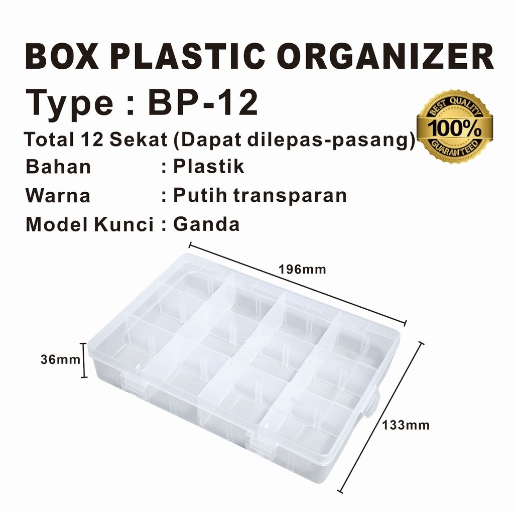 WADAH KOTAK PLASTIK SERBAGUNA / BOX PLASTIC ORGANIZER 12 SEKAT LEPAS-PASANG TYPE BP-12