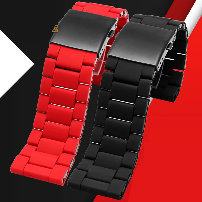 Waterproof silicone bracelet watch band 28mm for esel DZ7396 DZ7370 DZ428 rubber and stainless steel