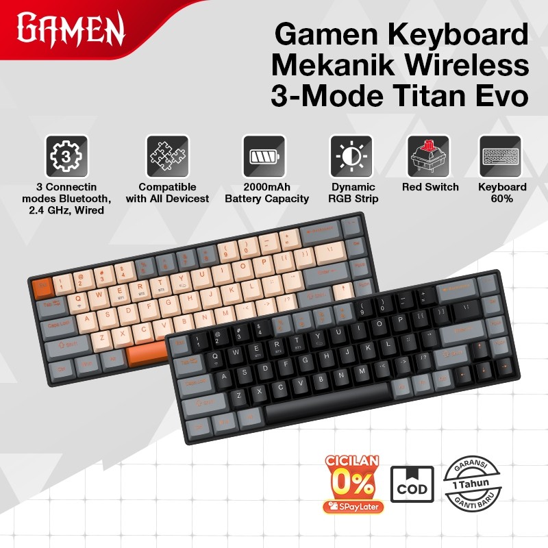 GAMEN Keyboard Mechanical Wireless Red Switch 3 Mode Titan Evo RGB Bluetooth 5.2 / 2.4G / Type-C 200