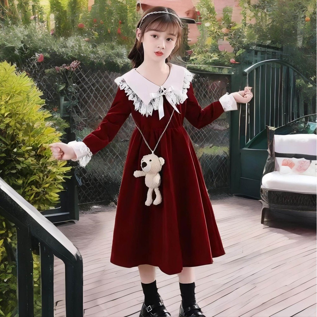 Dress Anak Remaja Usia 8-12 Tahun Dress Bangkok Korea Lucu Gaun Natal Pesta Anak Lengan Panjang Ro