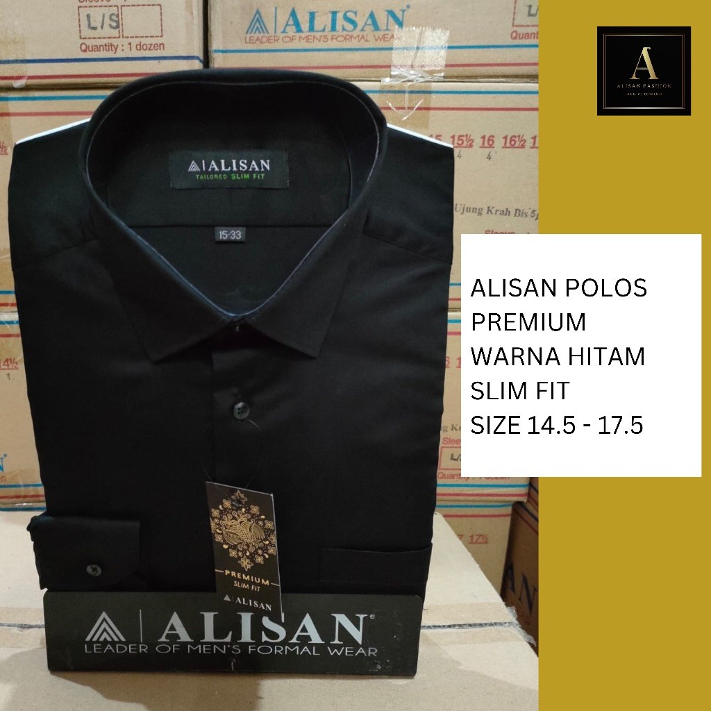 Kemeja Polos Alisan PREMIUM Lengan Panjang Warna Hitam Slimfit
