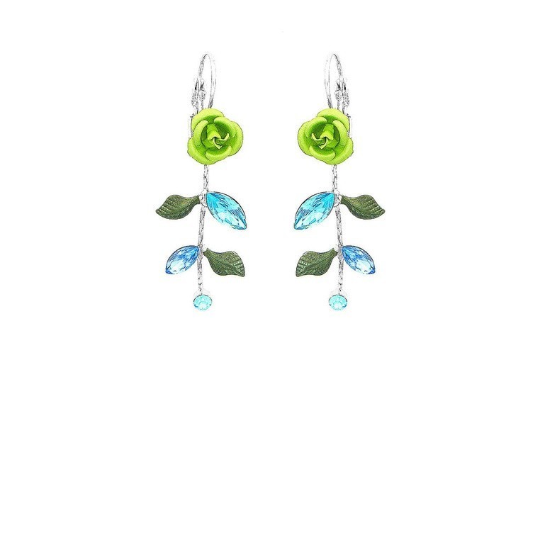 Anting Mawar Hijau dengan Kristal Austria Biru dan Kristal Kaca - Perhiasan Wanita Elegan Bergaya Bu