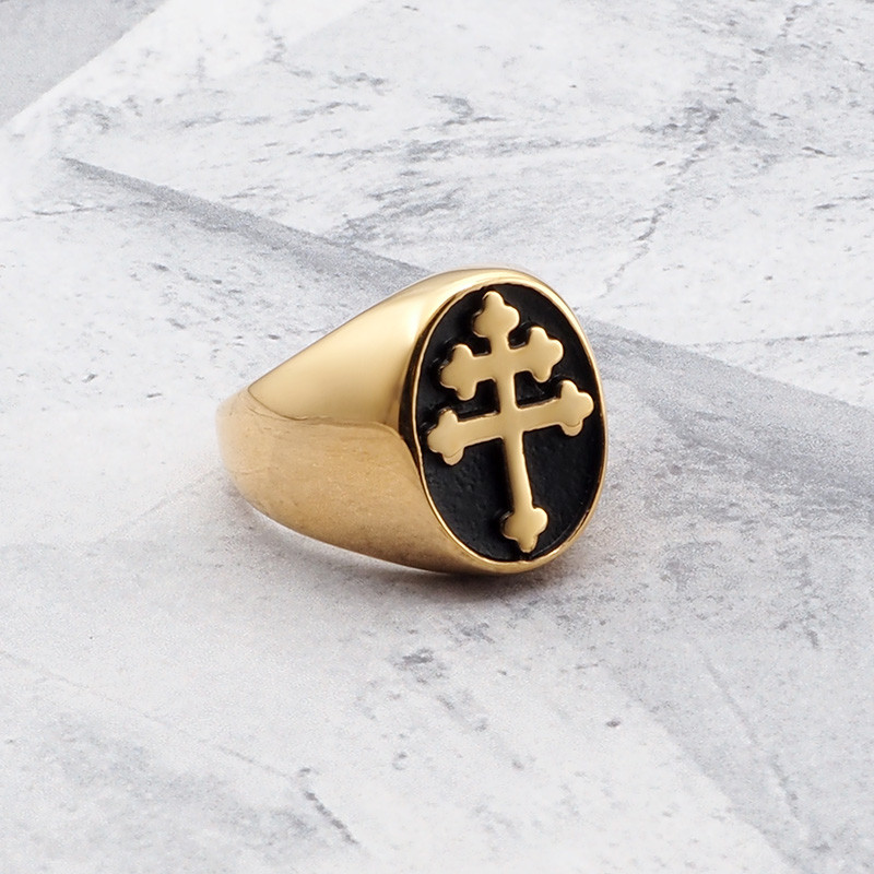 Gothic 316L Stainless Steel Gold-Color Plated Men's Classic Lorraine Cross Signet Ring Jewelry For F
