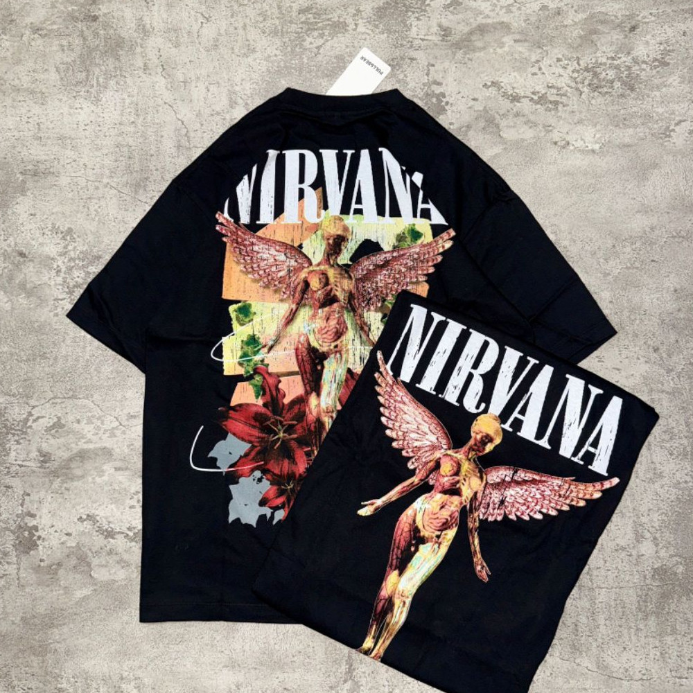Baju Kaos Pull&Bear Oversize NIRVANA FLOWERS - T Shirt Band Vintage Oversze Nirvana Black Cotton 20s