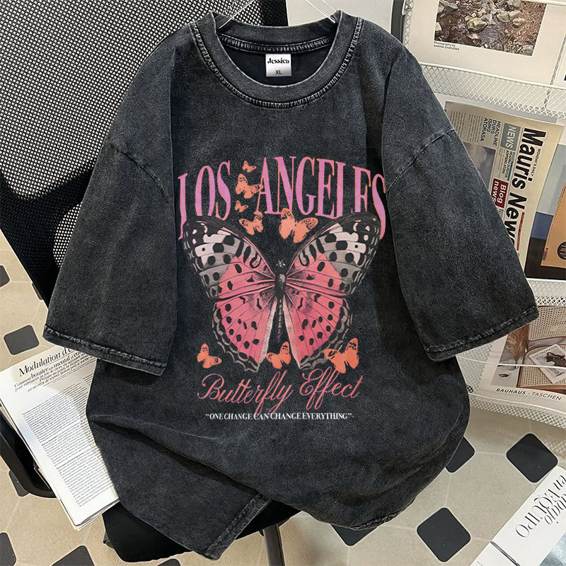 Oversize Style T-Shirt Lengan Pendek Baju Kaos Black Washed Oversize Wanita | Motif Butterfly Effect