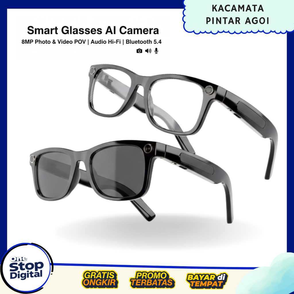 Kacamata Kamera AG01 8MP POV Video, Bluetooth Audio, Lensa Bening & Sunglasses AI Smart Glasses