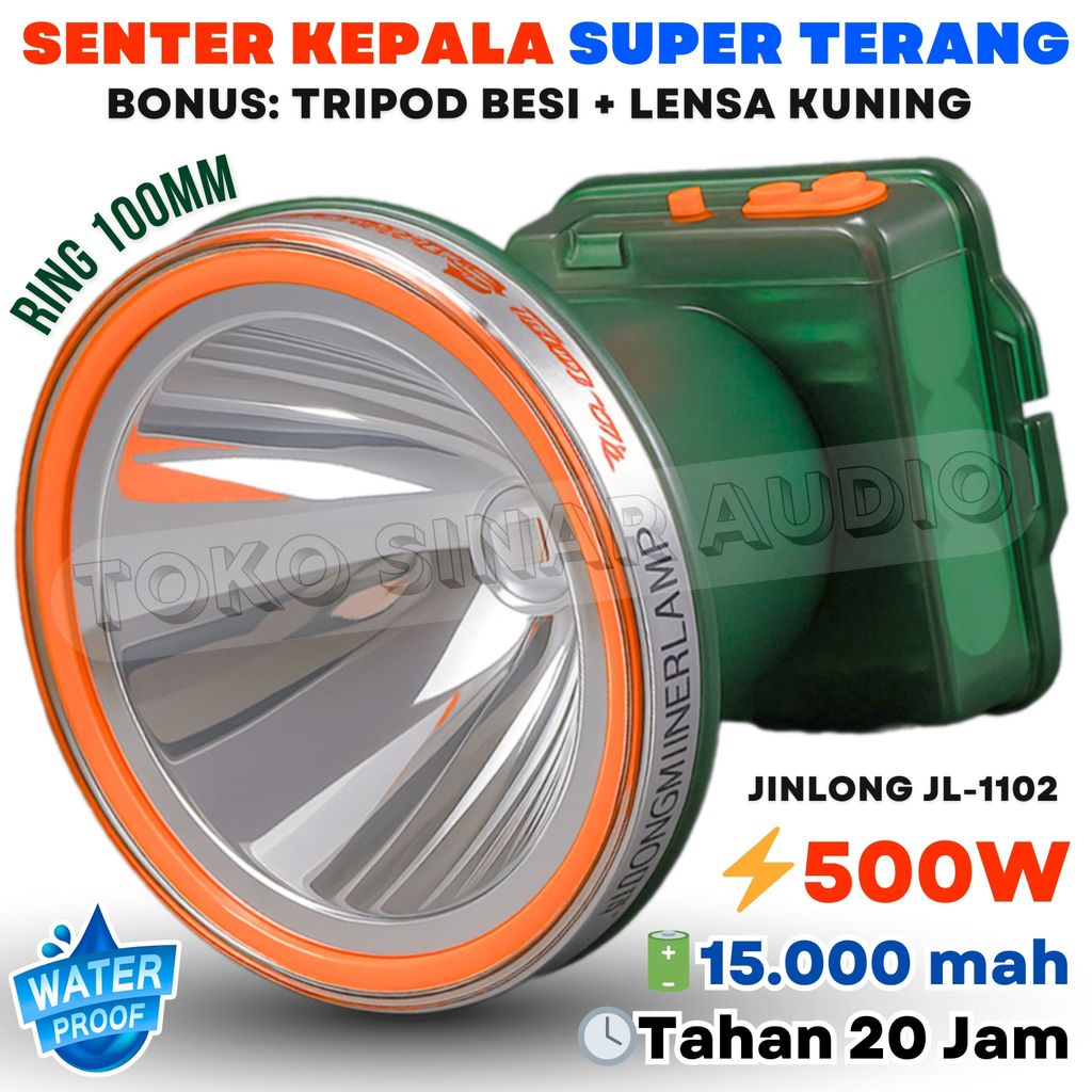 promo toko SUPER TERANG Senter Kepala 500W Premium JINLONG JL-1102 | 15.000mAh Cahaya Putih Tahan 20