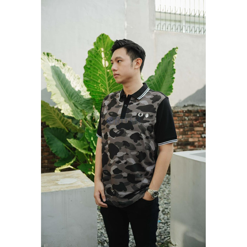 Fred Perry x Bathing Ape Camo Polo Black Original / Kaos Polo FP Bape Authentic