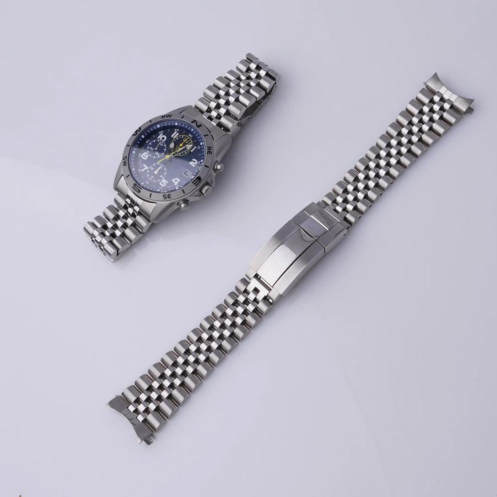 For Seiko Chronograph SND363 SND365 SND367 SND367P1-Rolamy 20mm Silver Jubilee WatchBand Strap Curve