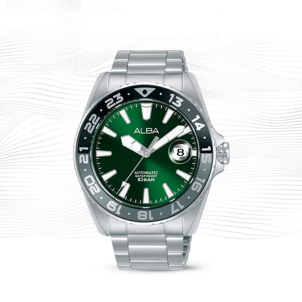 ALBA AU4077 Mechanical Jam Tangan Pria Automatic Green Dial Stainless Steel Strap Watch