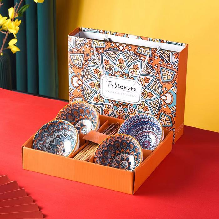 StyleDecor Souvenir mangkuk set porselen biru dan putih bermutu tinggi  keramik kotak hadiah  Jepang