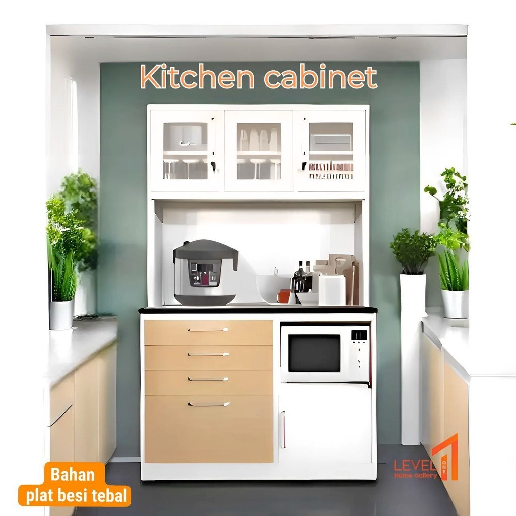 Kitchen Cabinet | Kitchen Set | Lemari Rak Dapur dengan Lampu LED Besi Minimalis | Lemari Makan | Le