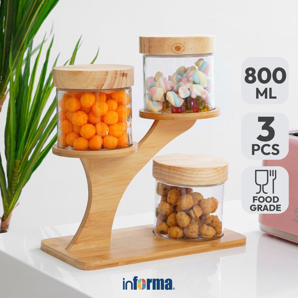 Informa Set 3 pcs Cassia Tree Stoples Kaca Dengan Rak Jar Tempat Simpan Snack Dan Permen Setoples To