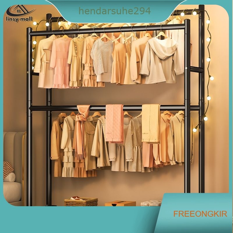 Rak Gantungan Baju Baja Karbon  2 Susun 2 tiang 1.5M Gantungan Baju Besi Kuat Stand Hanger portable