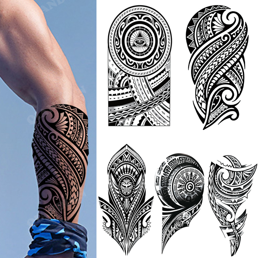 Man Waterproof Temporary Maori Tattoo Sticker Arm Lion Hipster Skull Snake Alphabet LetterBlack Tran