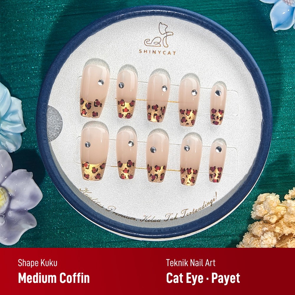 Kuku Palsu Tempel 30 Pcs Medium Coffin 3D Fake Kuku Prench Leopard Berlian Gaya French Free Lem Nail