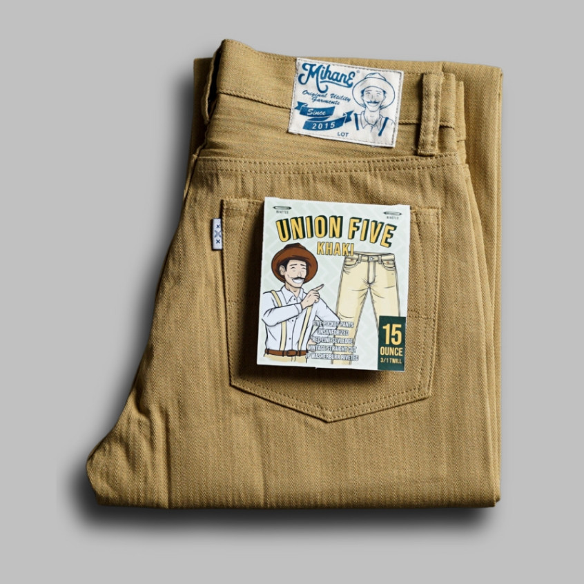 Mihane Jeans - Celana Jeans - Union Five Khaki Herringbone "Five Pocket" Pants 15oz Red Line Selvedg