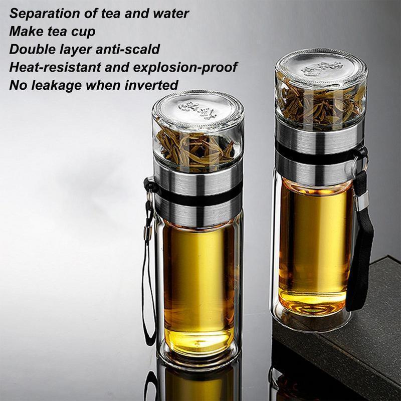 Glass Tea Infuser Bottle Leak-Proof Travel Mug Double Wall Tea Cup Portable Infuser Water Bottle, Wa