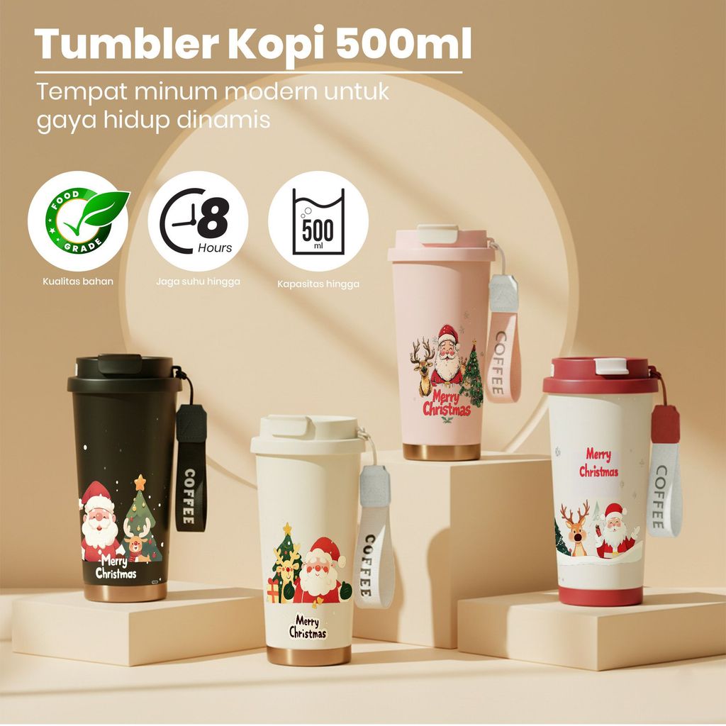 Tumbler Stainless 316 Food Grade 500ml Keramik Piring Minum Natal Santa Claus Tema Modern, 8 Jam Awe