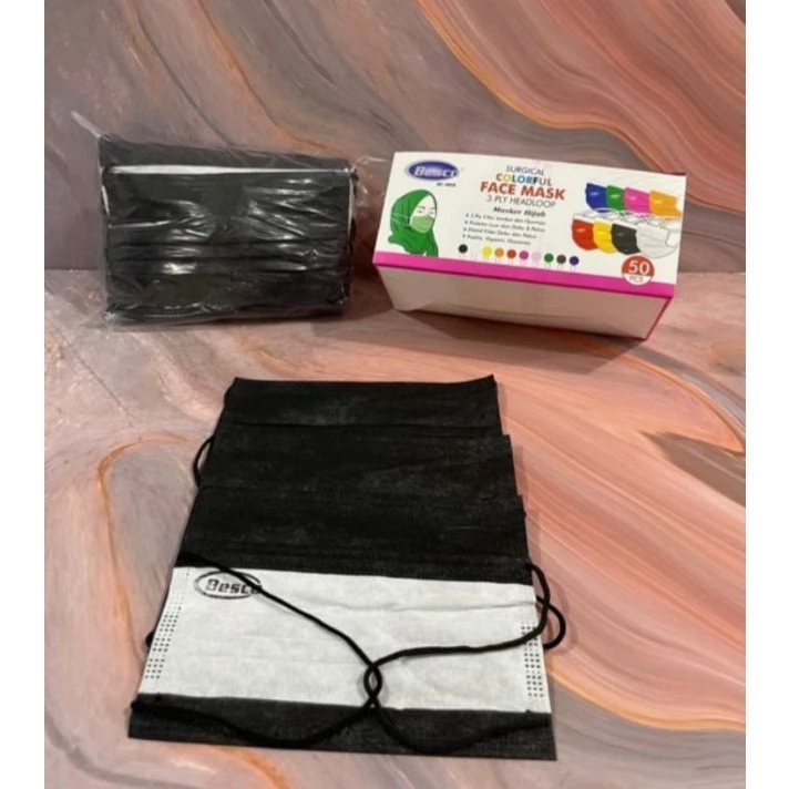 MUSO | BOX ISI 50 - MASKER 3PLY DISPO HIJAB HITAM PMI BESCO | DISPOSABLE NON WOVEN EARLOOP HIJAB LIM