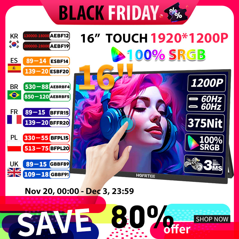 HGFRTEE 16in Tou Portable Monitor 16:10 96%sRGB 350Cd/m² Second Screen For Laptop With Holder Stand 