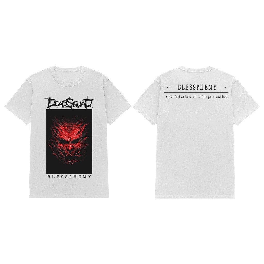 Deadsquad Official Merchandise - Kaos Band Death Metal Blessphemy Putih Katun Combed Premium Unisex 