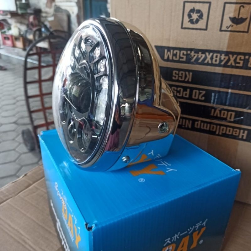 LAMPU DAYMAKER 7 INCH DUA MODE SENJA BIRU PUTIH SET BATOK NINJA CROM IMPORT LAMPU DEPAN DAYMAKER 7IN