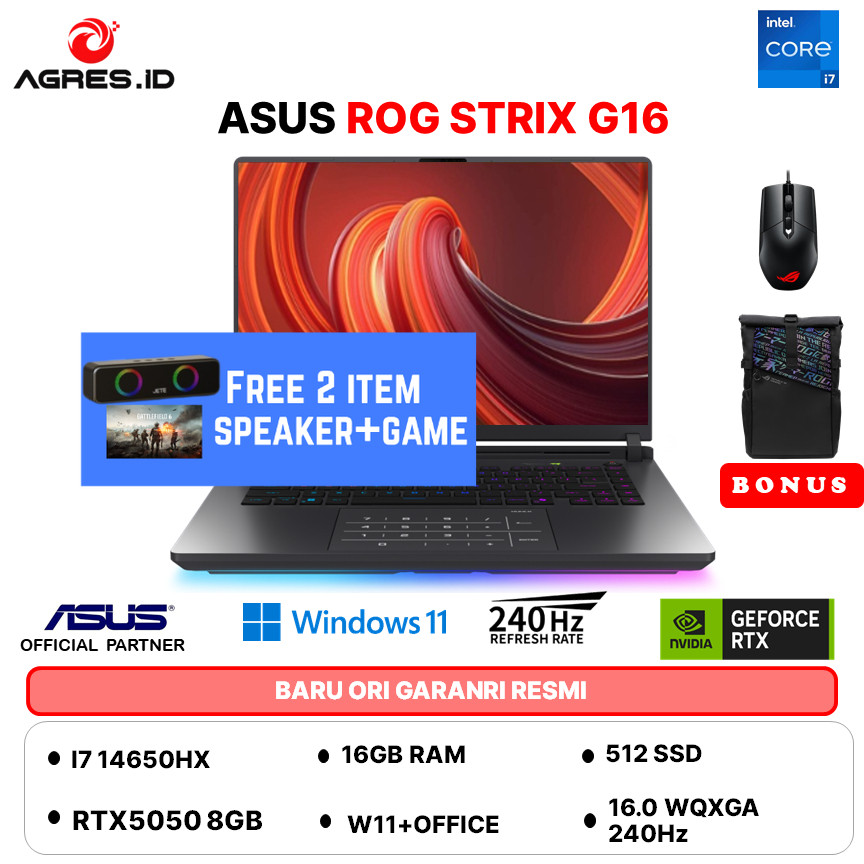 ASUS ROG STRIX G16 G615JHR I7 14650HX RTX5050 8GB/ 16GB 512GB W11+OHS+M365B 16.OWQXGA 240HZ GRY