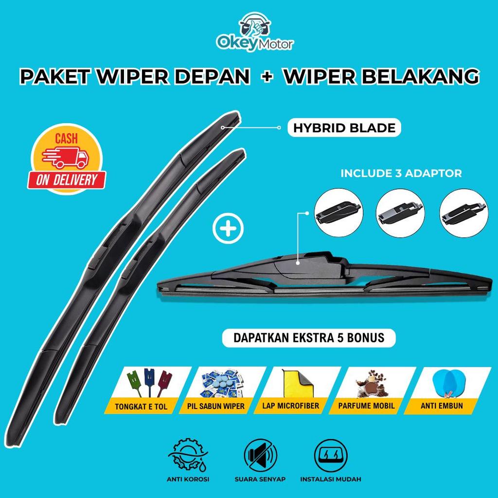 Wiper Hybrid + Wiper Belakang Mobil Universal Depan Belakang Bonus 5 Item Untuk Semua Jenis Kendaraa