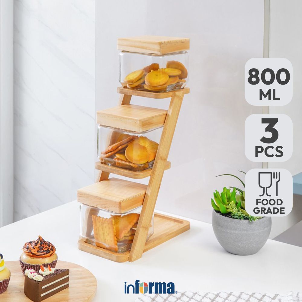 Informa Celine Set 3 Pcs Stoples Kaca Dengan Rak Jar Toples Kue Kering Perlengkapan Dapur Wadah Maka