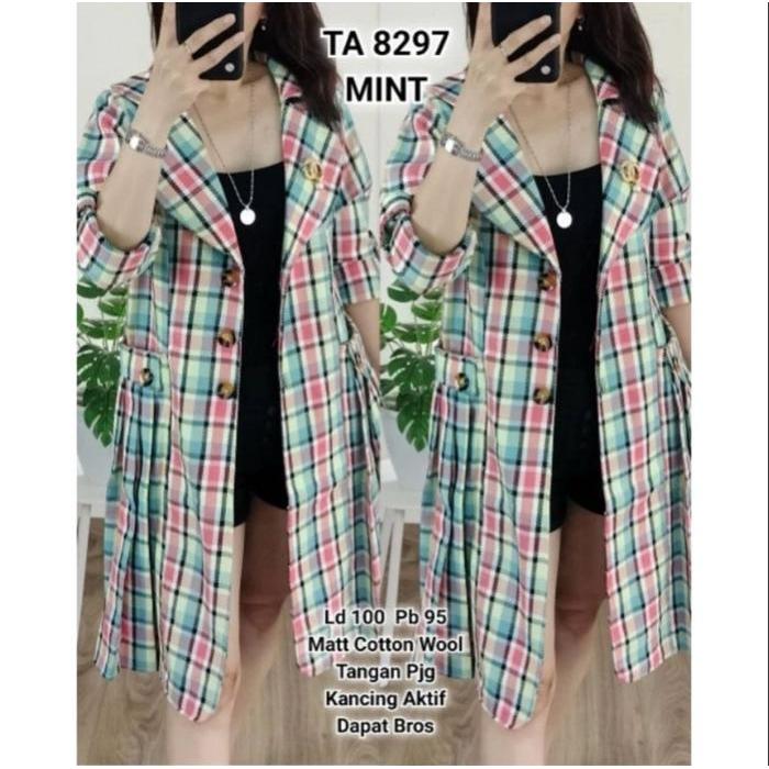 LONG BLAZER WANITA MOTIF KOTAK PREMIUM FREE BROSS BESTSELLER / BLAZER WANITA VIRAL - Kotak BROWN (Br