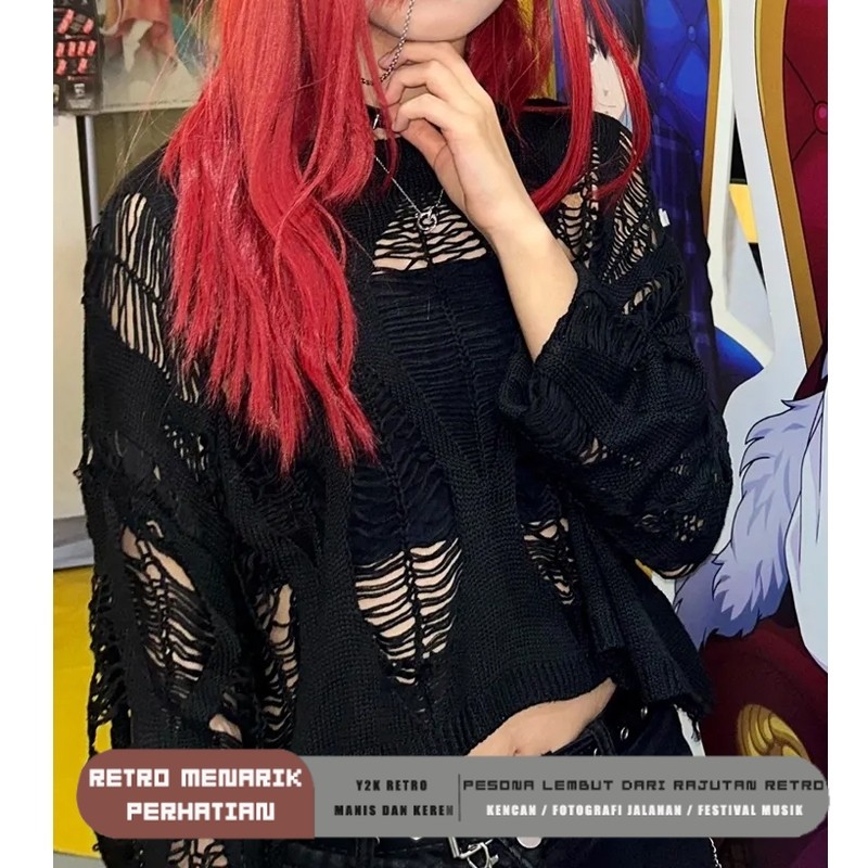 Eyeshe Ripped knit knitwear robek baju jaring lengan bolong bolong wanita crop top lengan panjang y2